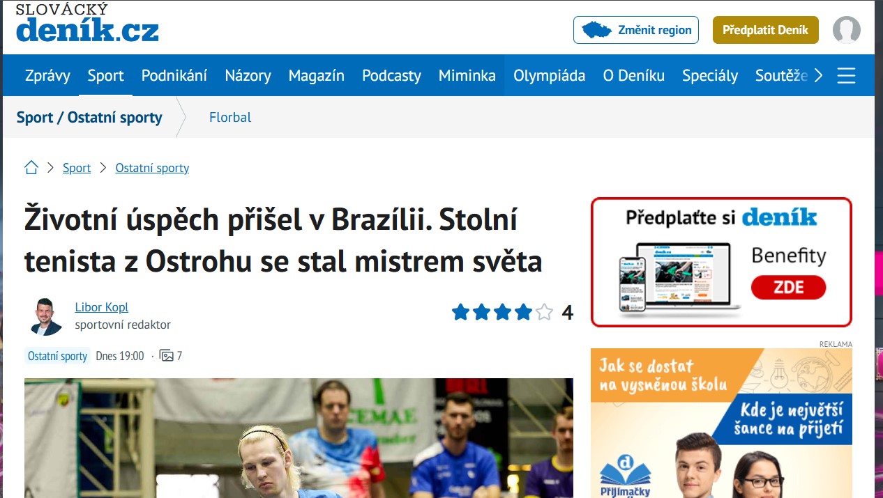 Životní úspěch přišel v Brazílii. Stolní tenista z Ostrohu se stal mistrem světa